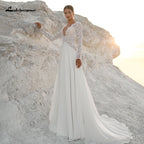 Baoleely Vintage Lace Long Sleeves Boho Wedding Dresses  V Neck Bohemian Chiffon Bridal Dress Hochzeit Longue Robe