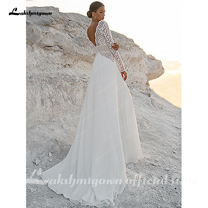 Baoleely Vintage Lace Long Sleeves Boho Wedding Dresses  V Neck Bohemian Chiffon Bridal Dress Hochzeit Longue Robe