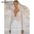 Baoleely Vintage Lace Long Sleeves Boho Wedding Dresses  V Neck Bohemian Chiffon Bridal Dress Hochzeit Longue Robe