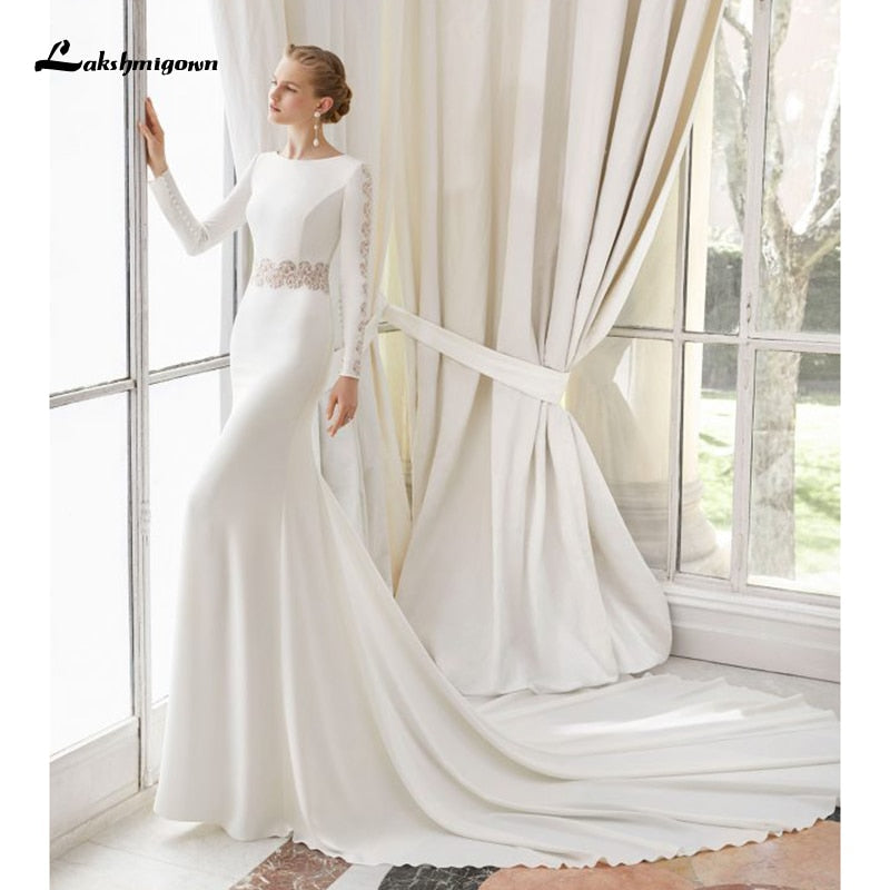 Baoleely White Lace Chiffon Wedding Dress  Boho Scoop Neck Court Train Lace Long Sleeve A Line Bridal Gowns Plus Size Custom Made
