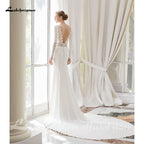 Baoleely White Lace Chiffon Wedding Dress  Boho Scoop Neck Court Train Lace Long Sleeve A Line Bridal Gowns Plus Size Custom Made