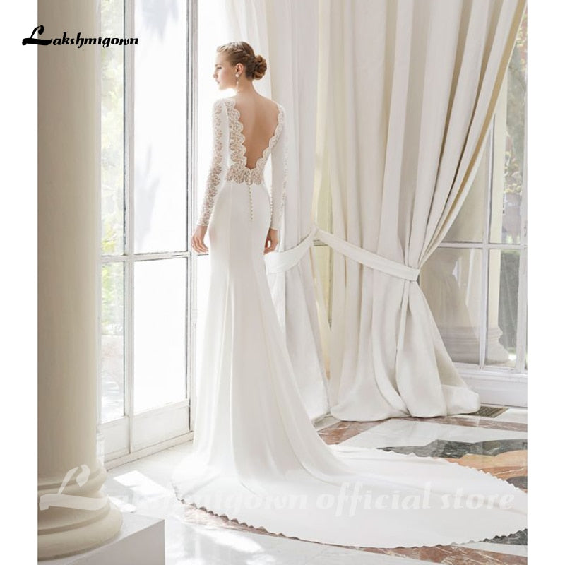 Baoleely White Lace Chiffon Wedding Dress  Boho Scoop Neck Court Train Lace Long Sleeve A Line Bridal Gowns Plus Size Custom Made