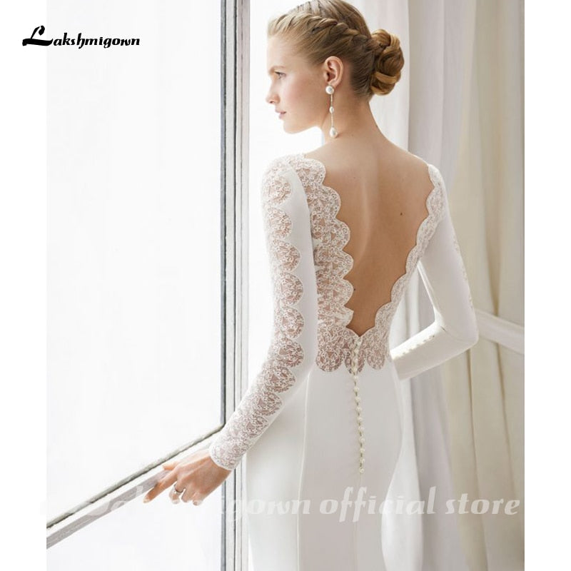 Baoleely White Lace Chiffon Wedding Dress  Boho Scoop Neck Court Train Lace Long Sleeve A Line Bridal Gowns Plus Size Custom Made