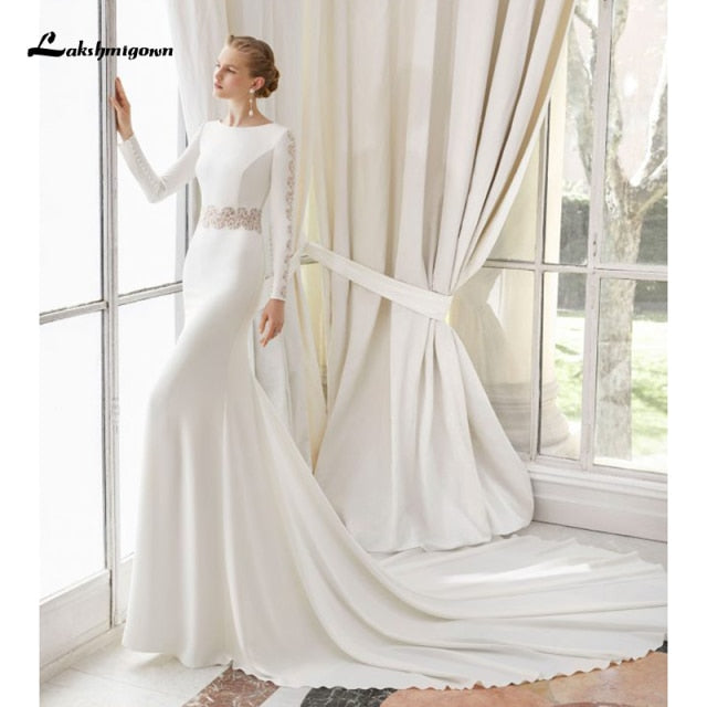 Baoleely White Lace Chiffon Wedding Dress  Boho Scoop Neck Court Train Lace Long Sleeve A Line Bridal Gowns Plus Size Custom Made