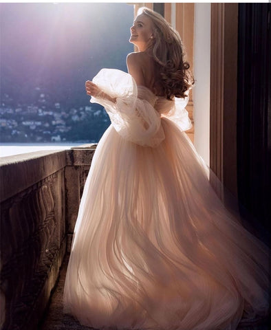 Baoleely Vestido de novia Vestidos de gala Manga larga abullonada Champán con hombros descubiertos Vestidos de novia brillantes robe de mariée bohème vestidos de novia