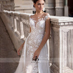 Baoleely Wedding Dress  Short Sleeves Appliques Mermaid Bridal Dress With Detachable Train Over skirt Lace Wedding Gowns