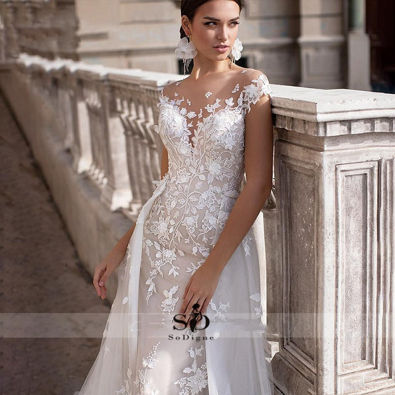 Baoleely Wedding Dress  Short Sleeves Appliques Mermaid Bridal Dress With Detachable Train Over skirt Lace Wedding Gowns