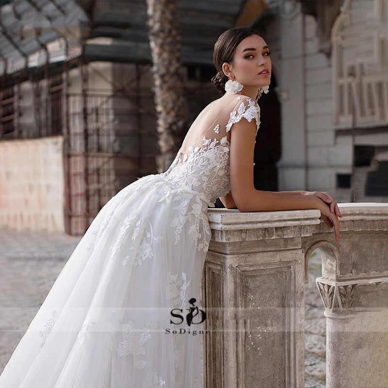 Baoleely Wedding Dress  Short Sleeves Appliques Mermaid Bridal Dress With Detachable Train Over skirt Lace Wedding Gowns