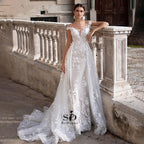 Baoleely Wedding Dress  Short Sleeves Appliques Mermaid Bridal Dress With Detachable Train Over skirt Lace Wedding Gowns