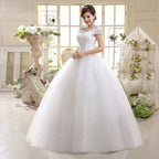 Baoleely White Short Sleeves Wedding Dress Simple O-Neck Embroidery Floor-Length Backless Lace Up Plus Size Wedding Gowns For Women G111