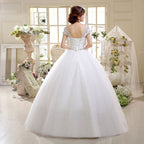 Baoleely White Short Sleeves Wedding Dress Simple O-Neck Embroidery Floor-Length Backless Lace Up Plus Size Wedding Gowns For Women G111