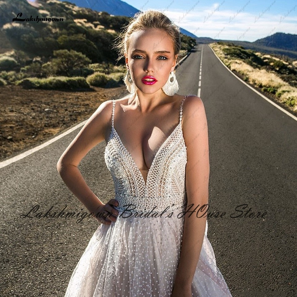 Baoleely Vestido Novia Boho Blush Plush Pink Wedding Dress Summer  New Mariage Bridal Lace Bodice Sexy Wedding Gowns Spaghetti Straps