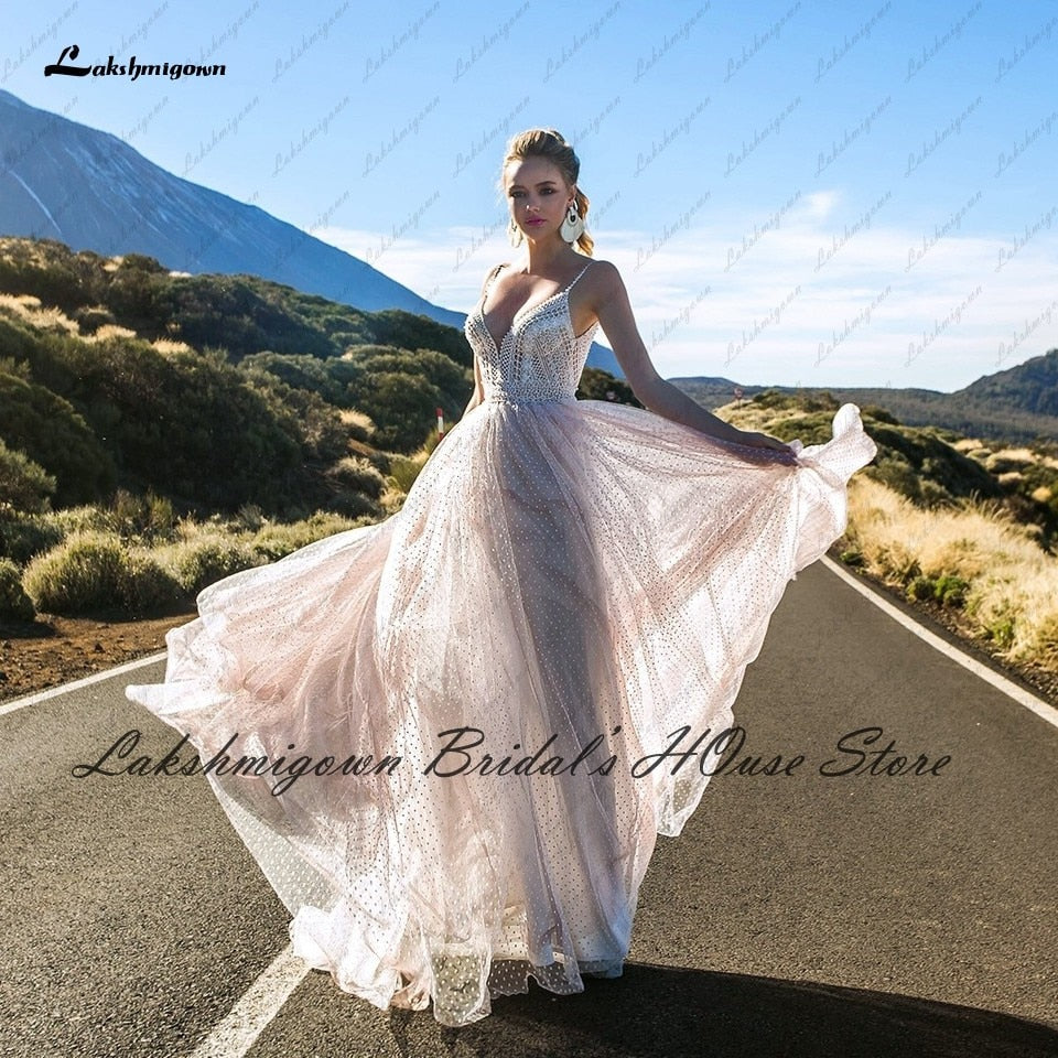 Baoleely Vestido Novia Boho Blush Plush Pink Wedding Dress Summer  New Mariage Bridal Lace Bodice Sexy Wedding Gowns Spaghetti Straps