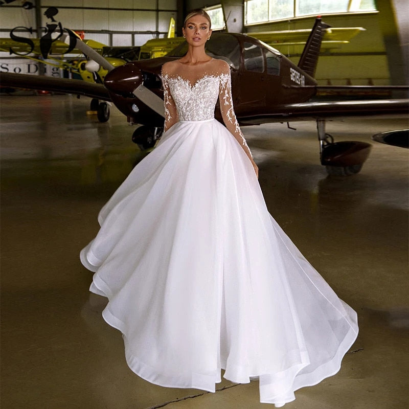 Baoleely Boho O Neck Long Sleeve Organza A Line Wedding Dress 2025 Lace Appliques Beading Bridal Gown
