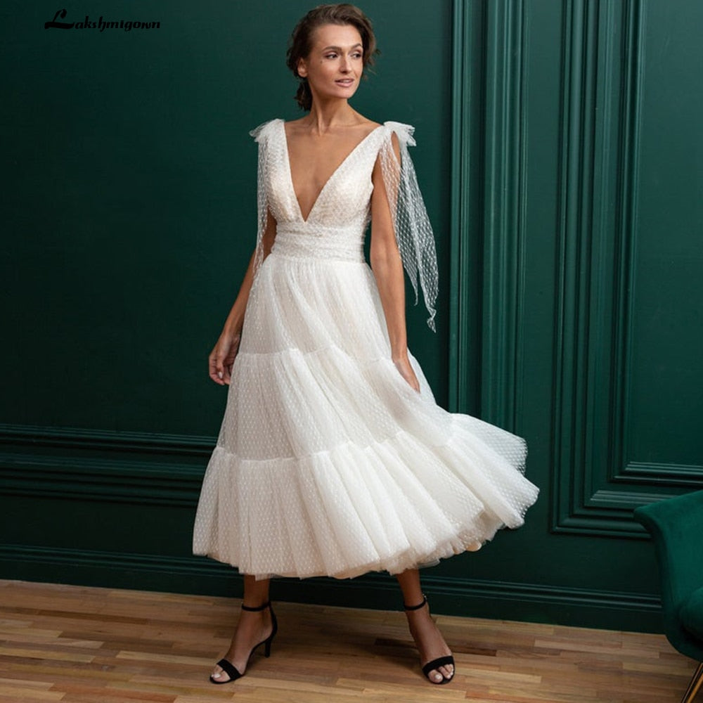Baoleely Vintage Ivory Tulle Short Wedding Dresses Spaghetti  A Line Tea Length Bridal Gowns robe de soiree courte Robe de mariee