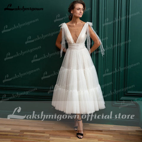 Baoleely Vintage Ivory Tulle Short Wedding Dresses Spaghetti  A Line Tea Length Bridal Gowns robe de soiree courte Robe de mariee