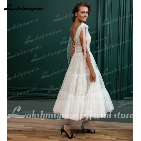 Baoleely Vintage Ivory Tulle Short Wedding Dresses Spaghetti  A Line Tea Length Bridal Gowns robe de soiree courte Robe de mariee