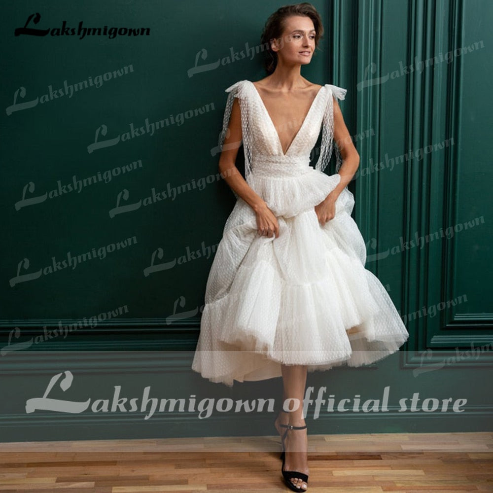 Baoleely Vintage Ivory Tulle Short Wedding Dresses Spaghetti  A Line Tea Length Bridal Gowns robe de soiree courte Robe de mariee