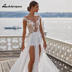 Baoleely Sexy Beach Wedding Dresses Long Lace V-Neck Split A-Line Wedding Gowns White Backless Trouwjurken Vestido Novia