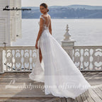 Baoleely Sexy Beach Wedding Dresses Long Lace V-Neck Split A-Line Wedding Gowns White Backless Trouwjurken Vestido Novia