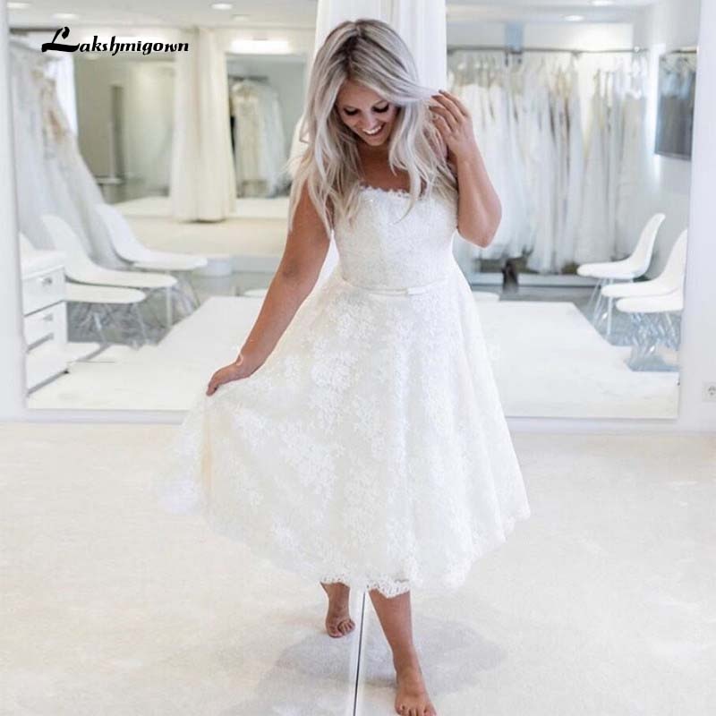 Baoleely Vintage Wedding Dress Strapless Tea Length Lace Bridal Gowns Robe De Mariee Short Wedding Gown Vestido De Noiva