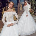 Baoleely Vintage Beach Princess Wedding Dresses Long Sleeve Ball Gown Boat Neck Robe Mariee White Boho Bridal Gowns vestido de novia