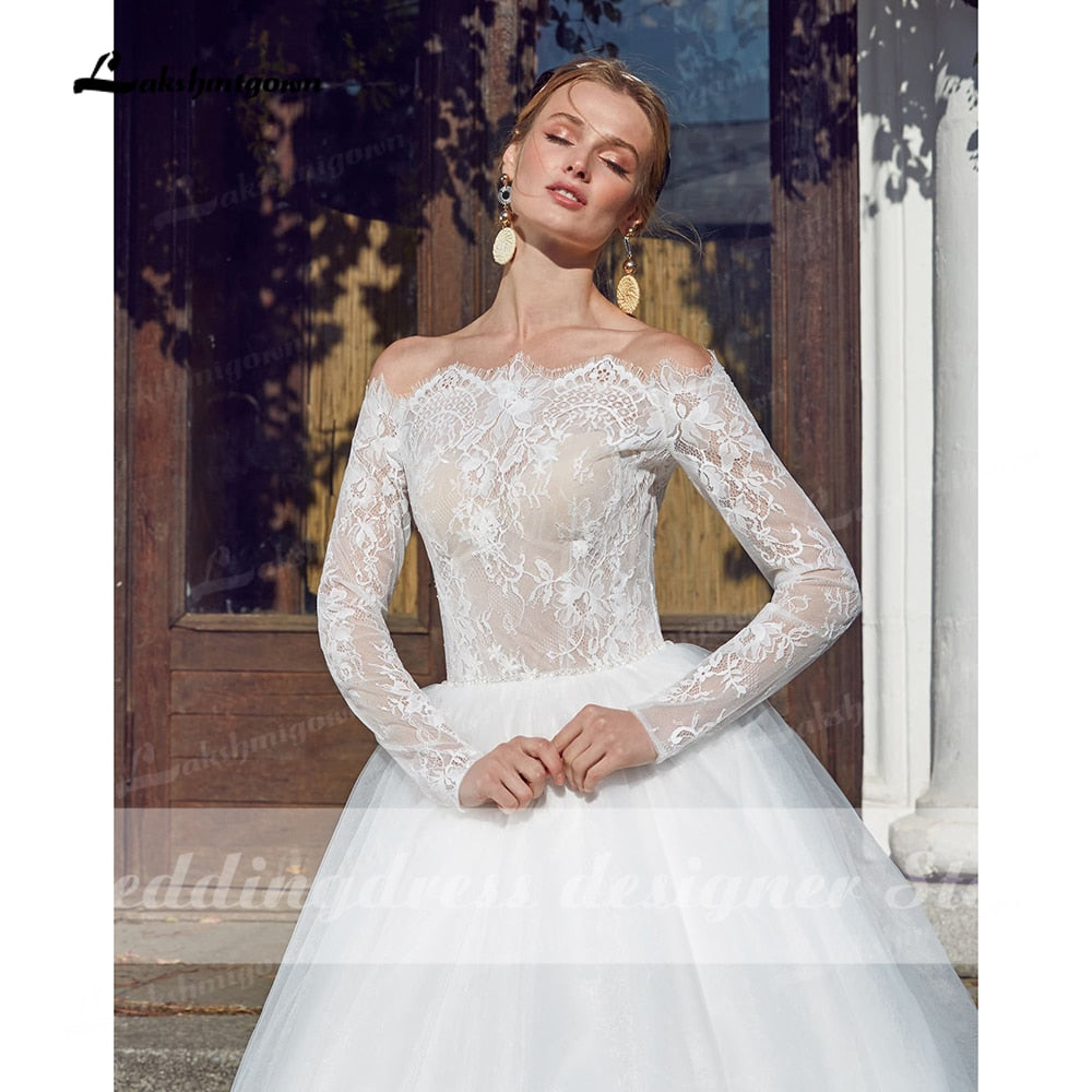 Baoleely Vintage Beach Princess Wedding Dresses Long Sleeve Ball Gown Boat Neck Robe Mariee White Boho Bridal Gowns vestido de novia
