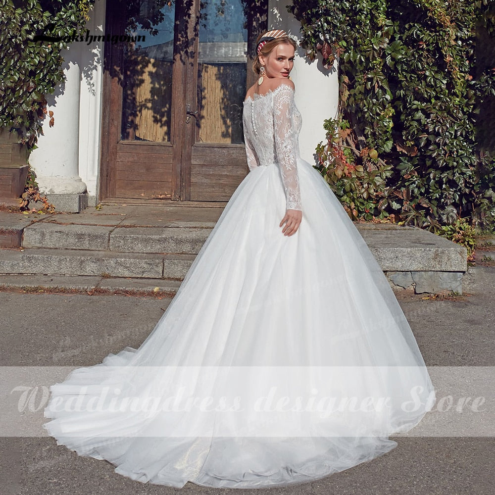 Baoleely Vintage Beach Princess Wedding Dresses Long Sleeve Ball Gown Boat Neck Robe Mariee White Boho Bridal Gowns vestido de novia