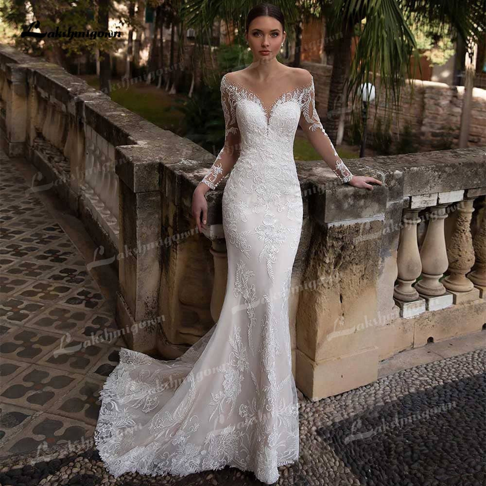 Baoleely Gorgeous Lace A-Line Wedding Dresses Illusion Boat Neck Long Sleeve Sweep/Brush Train Tulle Bride Gowns Pleats Appliques Beading