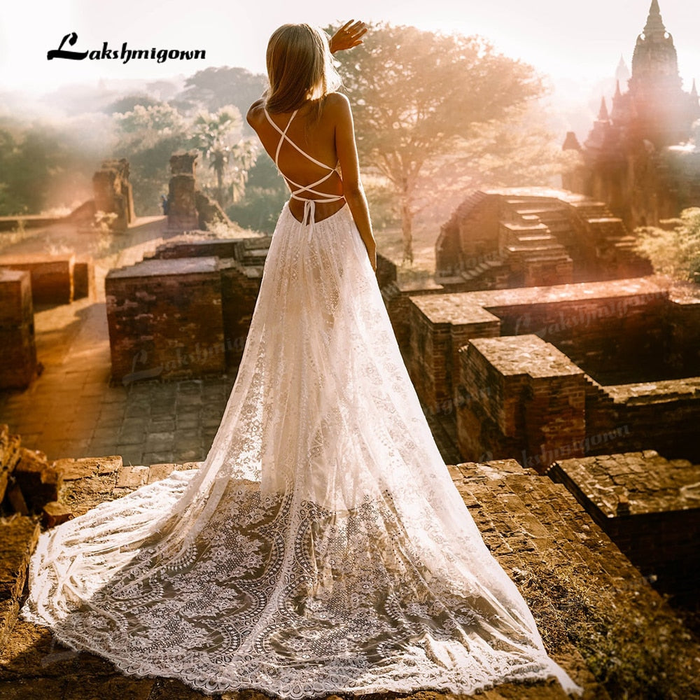 Baoleely Vestido Summer Boho Wedding Dresses Criss-cross Strap Floral Embroidery Bodice Lace Beach Sexy Simple Wedding Bridal Gown