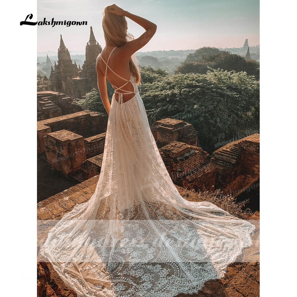Baoleely Vestido Summer Boho Wedding Dresses Criss-cross Strap Floral Embroidery Bodice Lace Beach Sexy Simple Wedding Bridal Gown