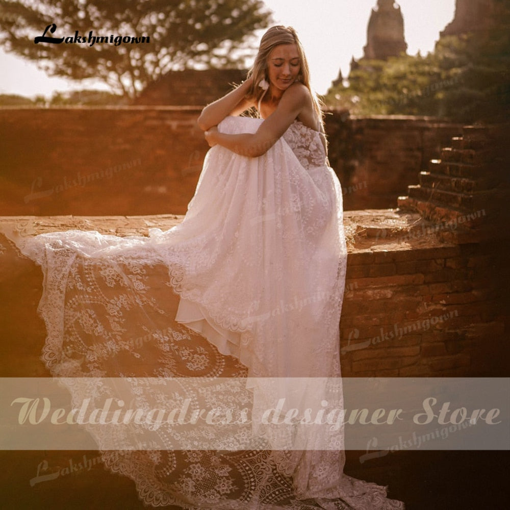 Baoleely Vestido Summer Boho Wedding Dresses Criss-cross Strap Floral Embroidery Bodice Lace Beach Sexy Simple Wedding Bridal Gown