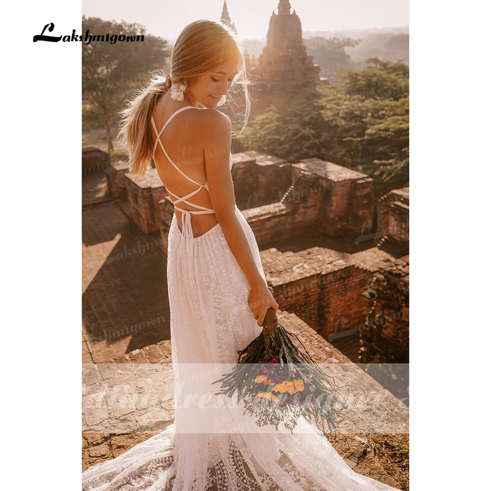 Baoleely Vestido Summer Boho Wedding Dresses Criss-cross Strap Floral Embroidery Bodice Lace Beach Sexy Simple Wedding Bridal Gown