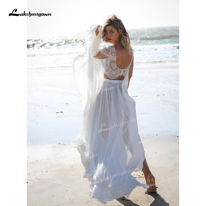 Baoleely Unique Two Pieces Wedding Dresses Boat Neck Lace Top Cap-Sleeve And Chiffon Skirt Sweep Train Beach Bride Gowns robe de mariage