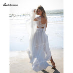 Baoleely Unique Two Pieces Wedding Dresses Boat Neck Lace Top Cap-Sleeve And Chiffon Skirt Sweep Train Beach Bride Gowns robe de mariage