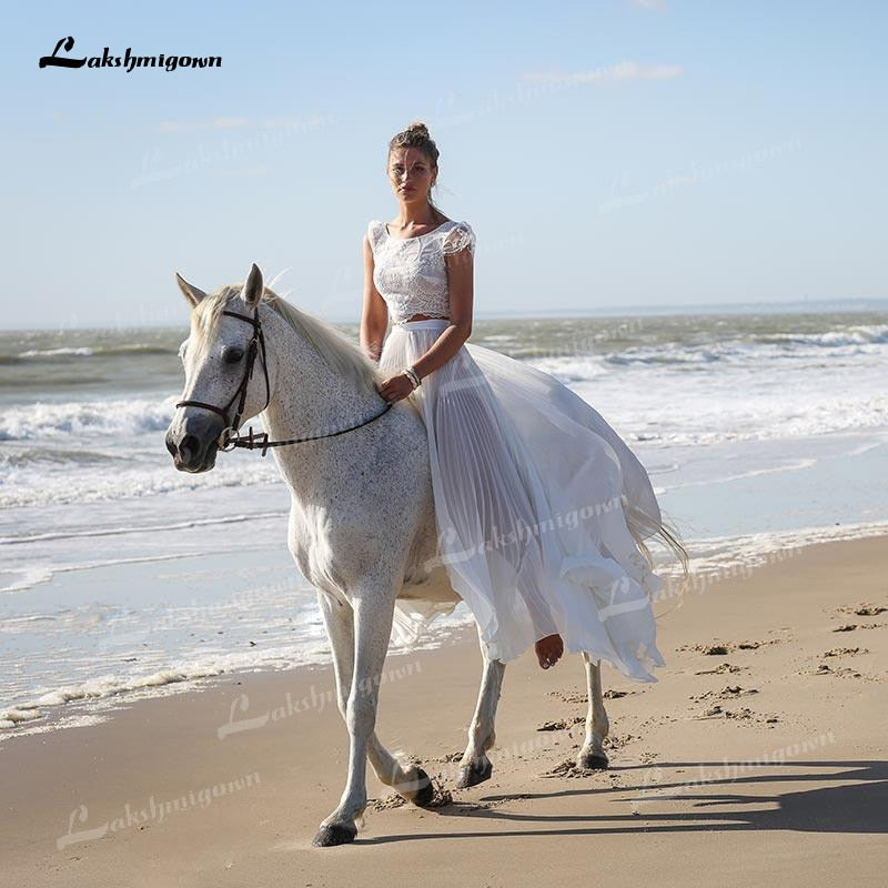Baoleely Unique Two Pieces Wedding Dresses Boat Neck Lace Top Cap-Sleeve And Chiffon Skirt Sweep Train Beach Bride Gowns robe de mariage