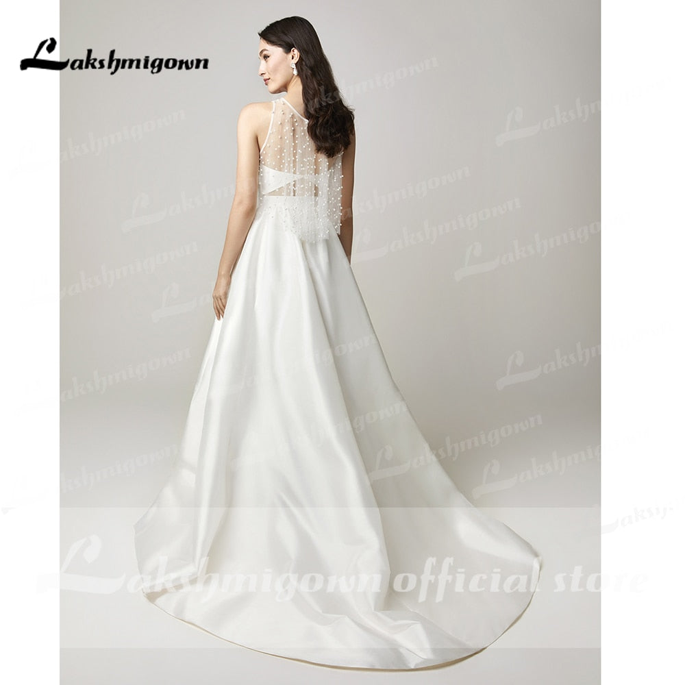 Baoleely Two Pieces Wedding Dresses 2022 Pearls Top Bridal Gown Jewel Neck Beach Satin Wedding Gown Vestidos De Novia