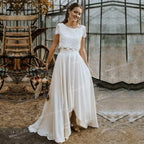 Baoleely Two Pieces Wedding Dresses Lace Top Short Sleeve O-Neck Chiffon Floor-Length Sweep Train Beach Bridal Gowns Back Design Button