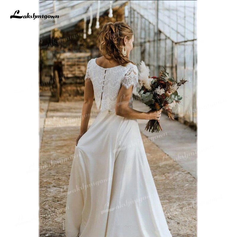 Baoleely Two Pieces Wedding Dresses Lace Top Short Sleeve O-Neck Chiffon Floor-Length Sweep Train Beach Bridal Gowns Back Design Button