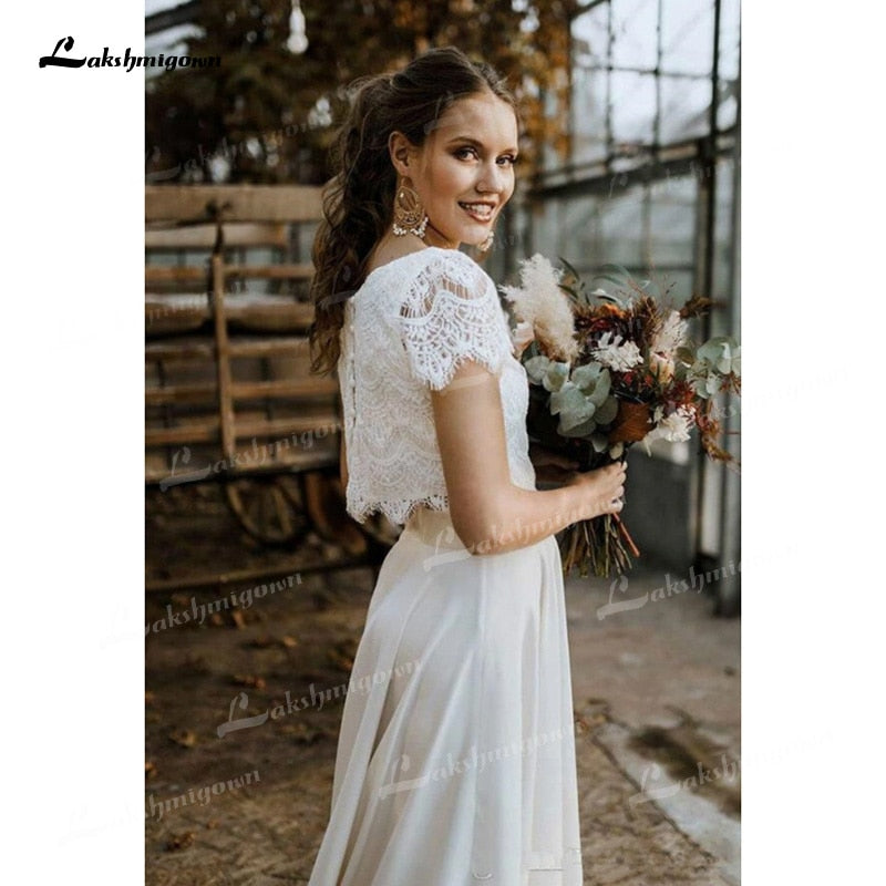 Baoleely Two Pieces Wedding Dresses Lace Top Short Sleeve O-Neck Chiffon Floor-Length Sweep Train Beach Bridal Gowns Back Design Button