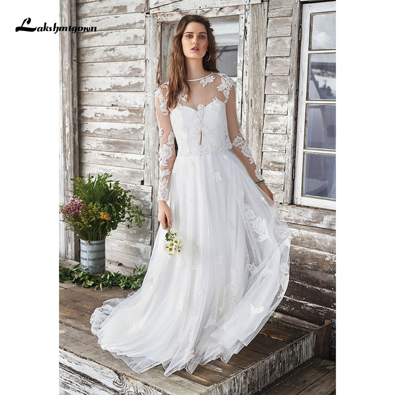 Baoleely White Wedding Dress Boho Two Pieces Sexy  Bridal Gown Sleeveless Floor Length With Court Train Lace Appliques Elegant