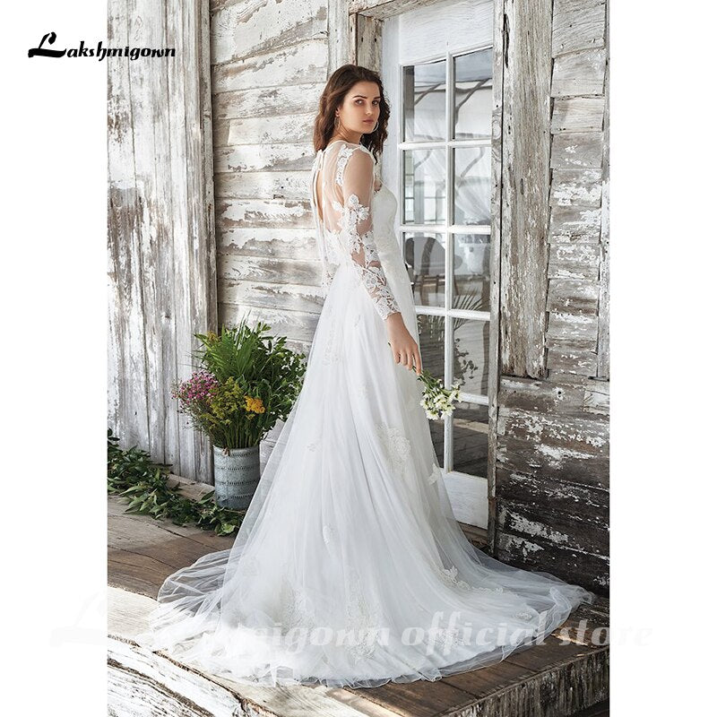 Baoleely White Wedding Dress Boho Two Pieces Sexy  Bridal Gown Sleeveless Floor Length With Court Train Lace Appliques Elegant