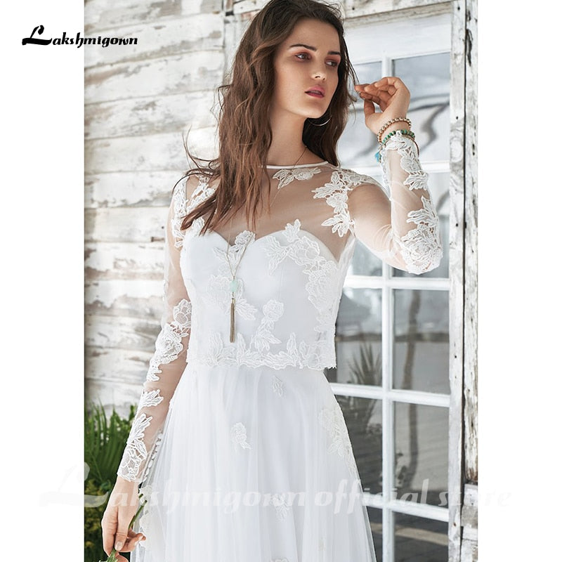 Baoleely White Wedding Dress Boho Two Pieces Sexy  Bridal Gown Sleeveless Floor Length With Court Train Lace Appliques Elegant