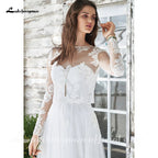 Baoleely White Wedding Dress Boho Two Pieces Sexy  Bridal Gown Sleeveless Floor Length With Court Train Lace Appliques Elegant