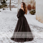 Baoleely Fantasy Black Wedding Dresses with Long Sleeves Winter Solstice Elopement Gothic Bridal Gown for Halloween Witchy Vestido Novia