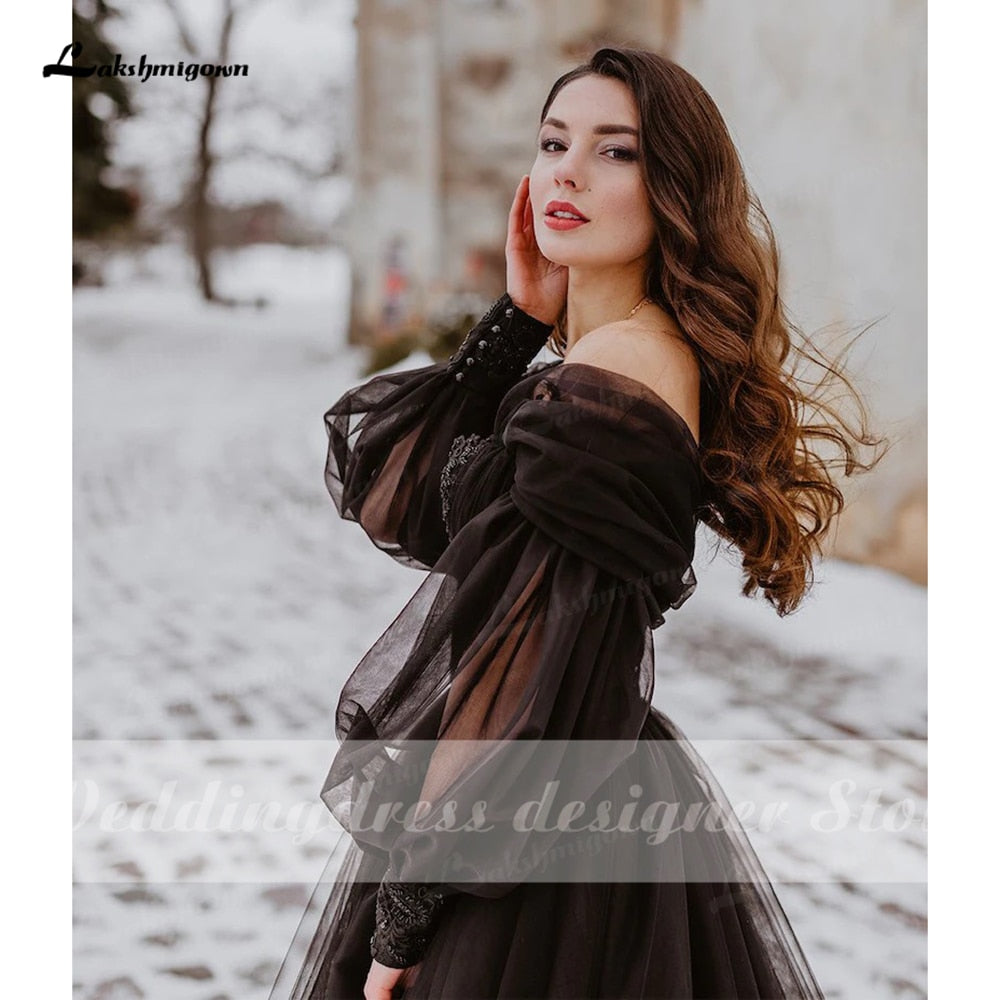 Baoleely Fantasy Black Wedding Dresses with Long Sleeves Winter Solstice Elopement Gothic Bridal Gown for Halloween Witchy Vestido Novia
