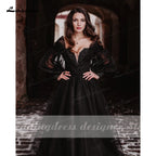 Baoleely Fantasy Black Wedding Dresses with Long Sleeves Winter Solstice Elopement Gothic Bridal Gown for Halloween Witchy Vestido Novia