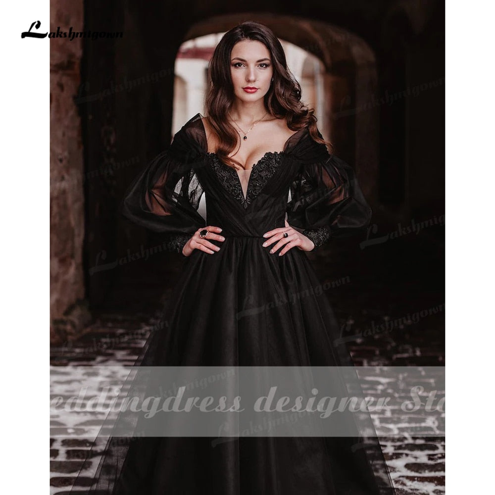 Baoleely Fantasy Black Wedding Dresses with Long Sleeves Winter Solstice Elopement Gothic Bridal Gown for Halloween Witchy Vestido Novia