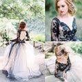 Baoleely Vintage Black Lace And White Tulle Wedding Dresses Sexy V Neck Backless Illusion Long Sleeves Gothic Bridal Gowns mariee