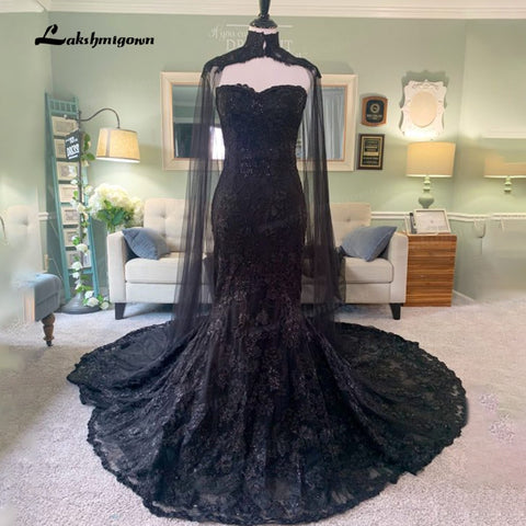 Baoleely Baoleely 2022 Vestidos de novia góticos elegantes con capa y velo, vestidos de novia negros sin tirantes con lentejuelas, bata de encaje floral, vestido de novia para mujer